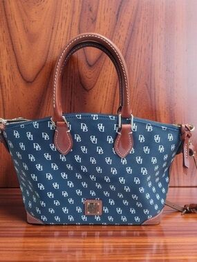 Dooney & Bourke Gretta Signature Navy Satchel Bag & White DB Monogram Pattern